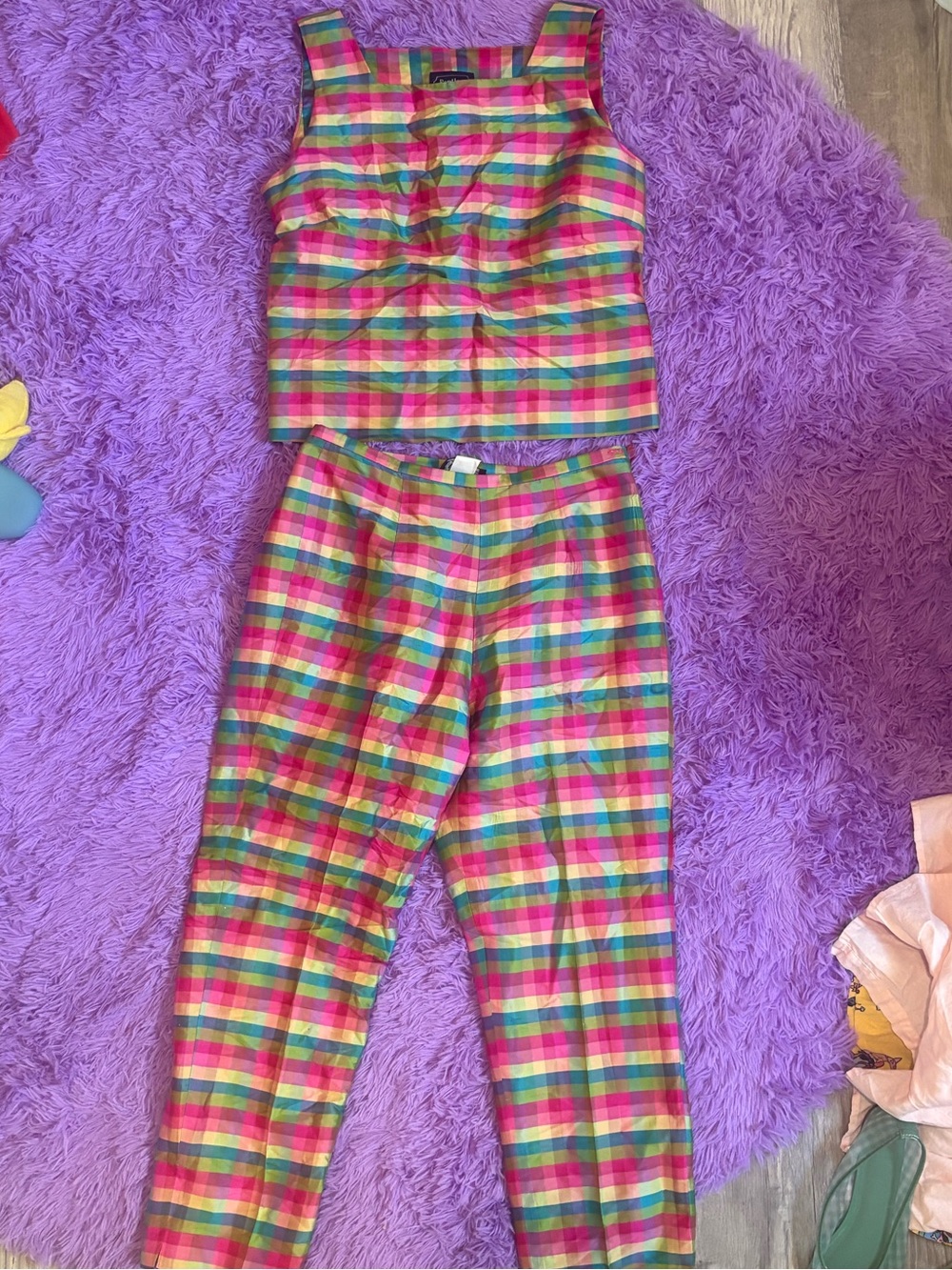 Vintage 1990s Silk Two Piece Pant and Tank Set Checker Plaid Colorful